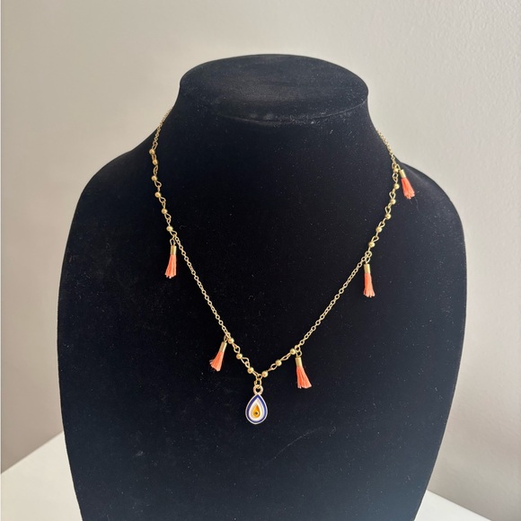 Gold Tassel Necklace with Orange Teardrop Pendant - Picture 3 of 8